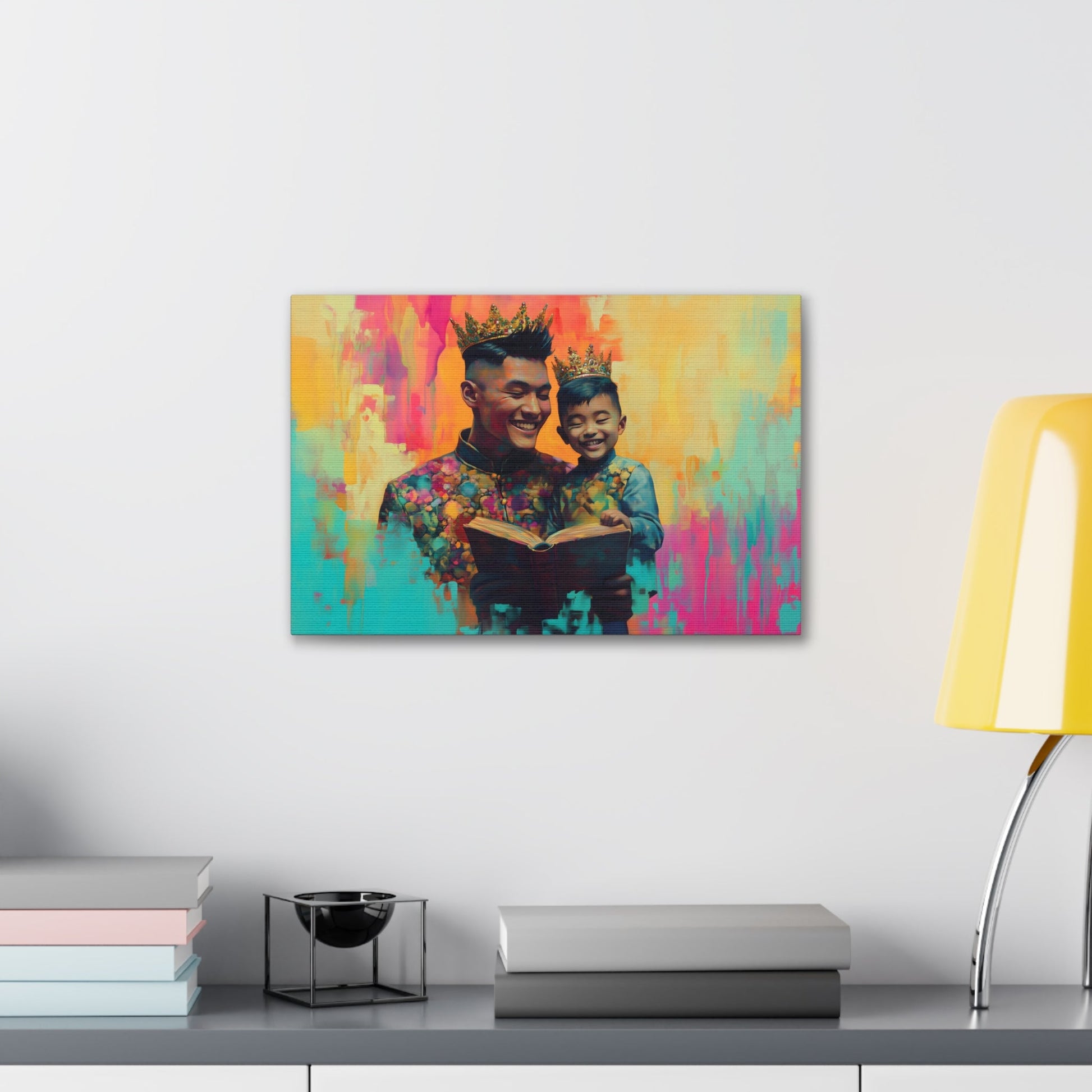 Horizontal-Oriented wall art: "Crowning Knowledge V" depicts a joyful father and son wearing golden crowns, smiling as they share a moment of reading together against a vibrant, abstract background of pinks, oranges, and blues. The artwork blends detailed portraiture with a playful, colorful backdrop, capturing the warmth and happiness of family bonds.