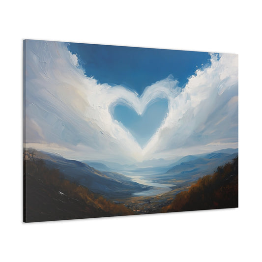 Horizontal-oriented wall art: "Heart of the Horizon" A serene landscape featuring a heart-shaped cloud in a vibrant blue sky, overlooking a peaceful valley. The artwork evokes themes of love and harmony, blending natural beauty with emotional symbolism.