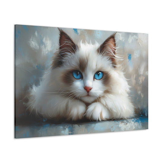 Horizontal-oriented wall art: "Enchanted Ragdoll III" A close-up portrait of a Ragdoll cat with striking blue eyes, its soft white fur blending into a dreamy, abstract background. The painting features delicate brushstrokes and soft textures, creating a serene and ethereal atmosphere.