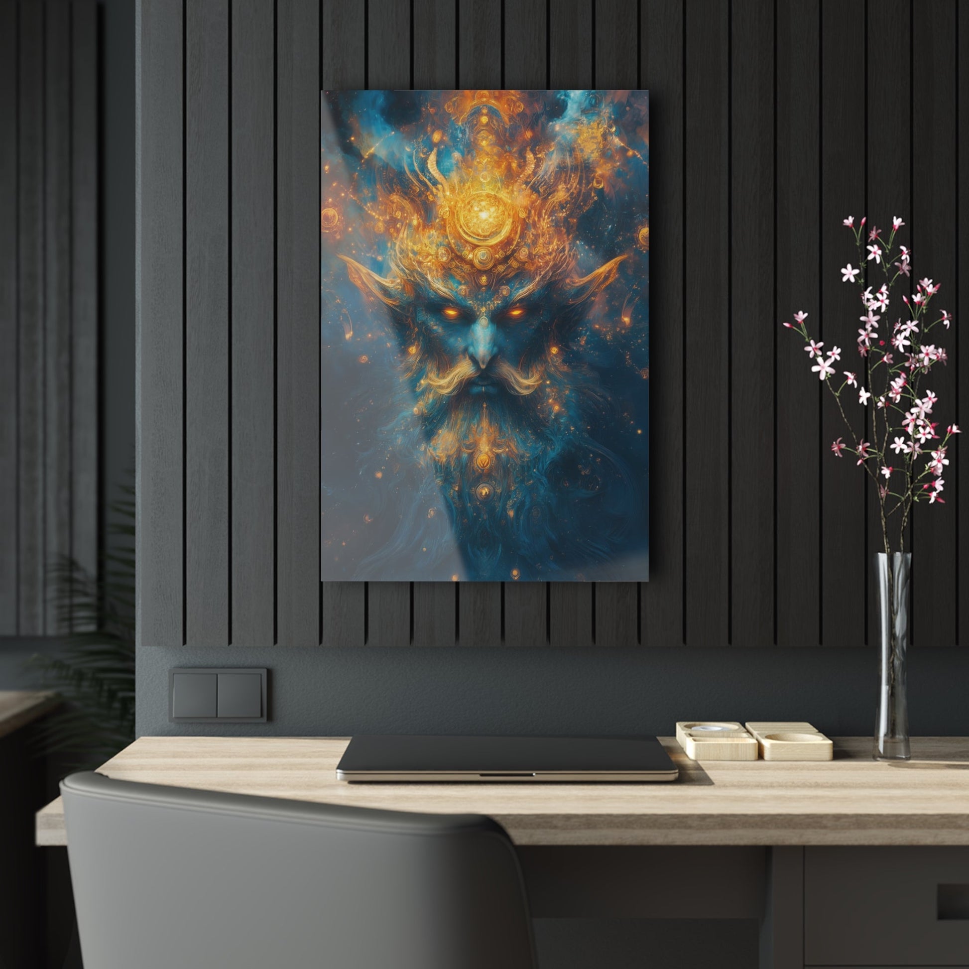 Vertical-oriented wall art "Celestial Djinn II" A cosmic djinn with glowing eyes and intricate golden patterns emerges from a swirl of azure and gold energy. This mystical artwork captures the celestial power and ancient wisdom of a divine being.