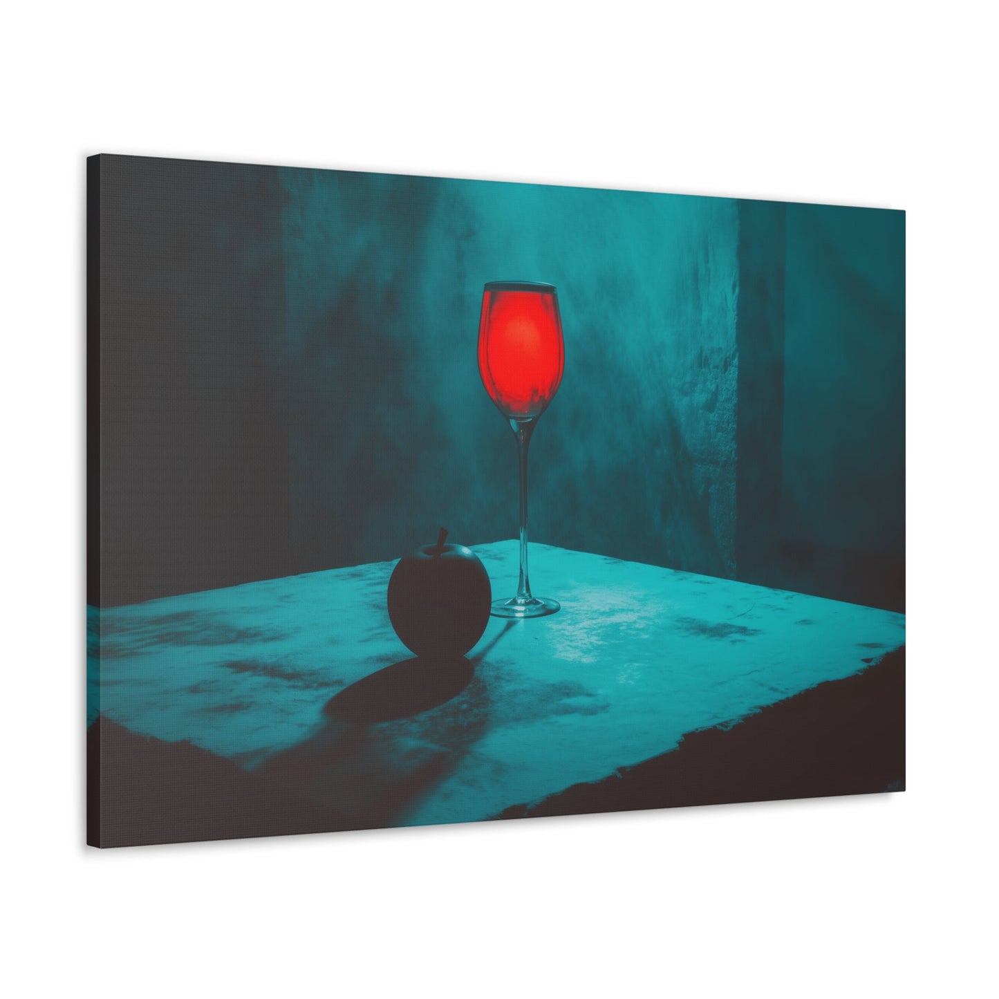 Horizontal-oriented wall art: "Eden’s Reflection" A glowing crimson wine glass and a shadowed black apple rest on a textured table, surrounded by a misty teal atmosphere. This gothic still-life composition captures an air of mystery and temptation with its striking interplay of light and shadow.