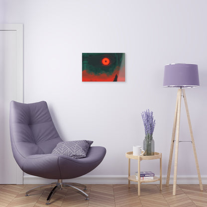 Horizontal-Oriented wall art: A lone hero stands before a massive, glowing red eye that dominates the dark, ominous landscape, symbolizing the looming threat of the final boss. The intense contrast of deep greens and fiery reds heightens the tension, capturing the moment before an epic battle.