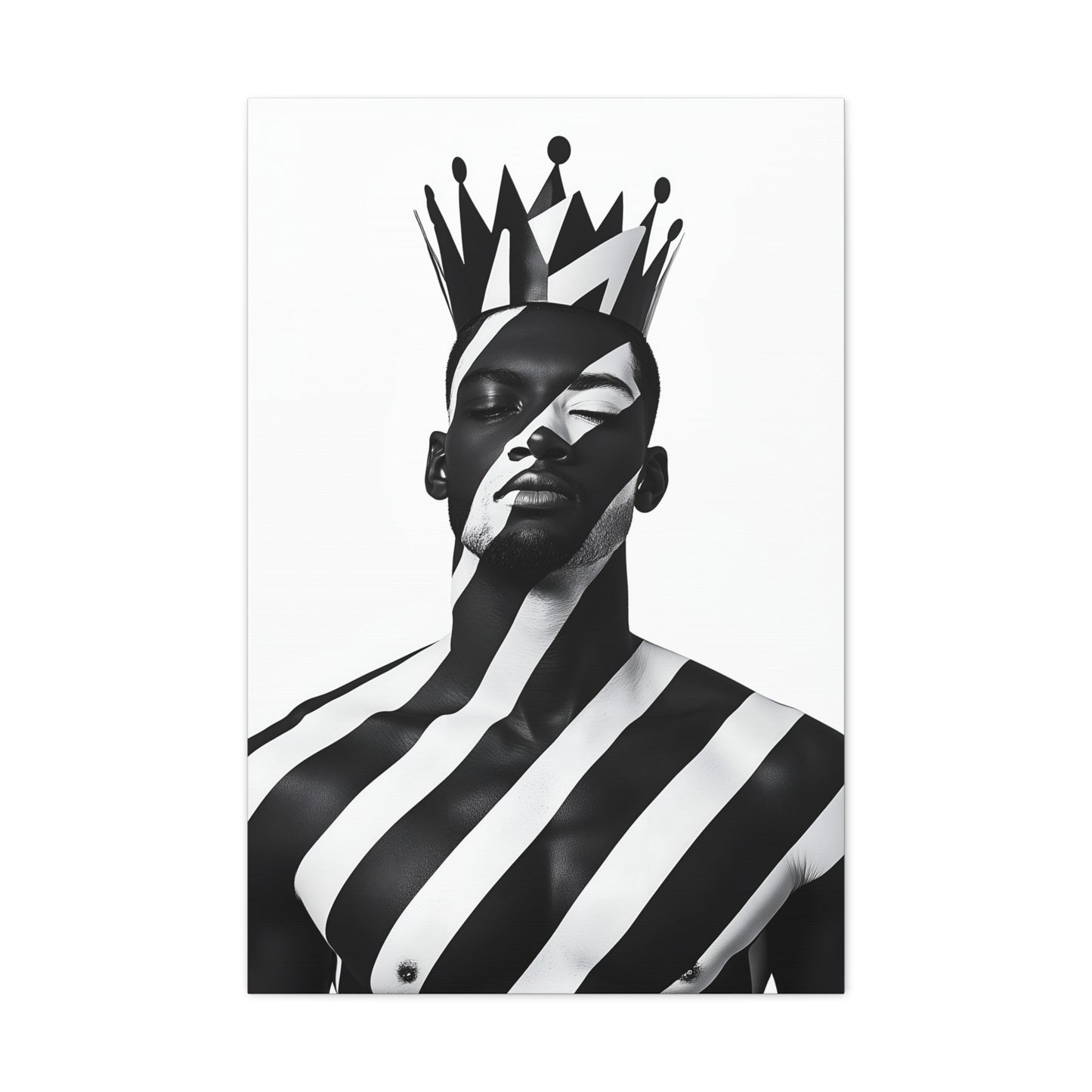 Vertical-oriented wall art: "Crown of Dignity II" A regal portrait of a man wearing a bold, geometric crown, with black and white stripes painted across his face and body. The minimalist composition emphasizes strength, elegance, and cultural pride in a modern, abstract style.