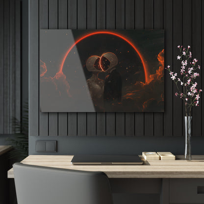 Horizontal-oriented wall art: Two astronauts, dressed in a tuxedo and a wedding dress, share a romantic kiss in space with their helmets forming a glowing heart shape. The dark, starry sky and the bright, orange-red halo create a whimsical and dreamy atmosphere.