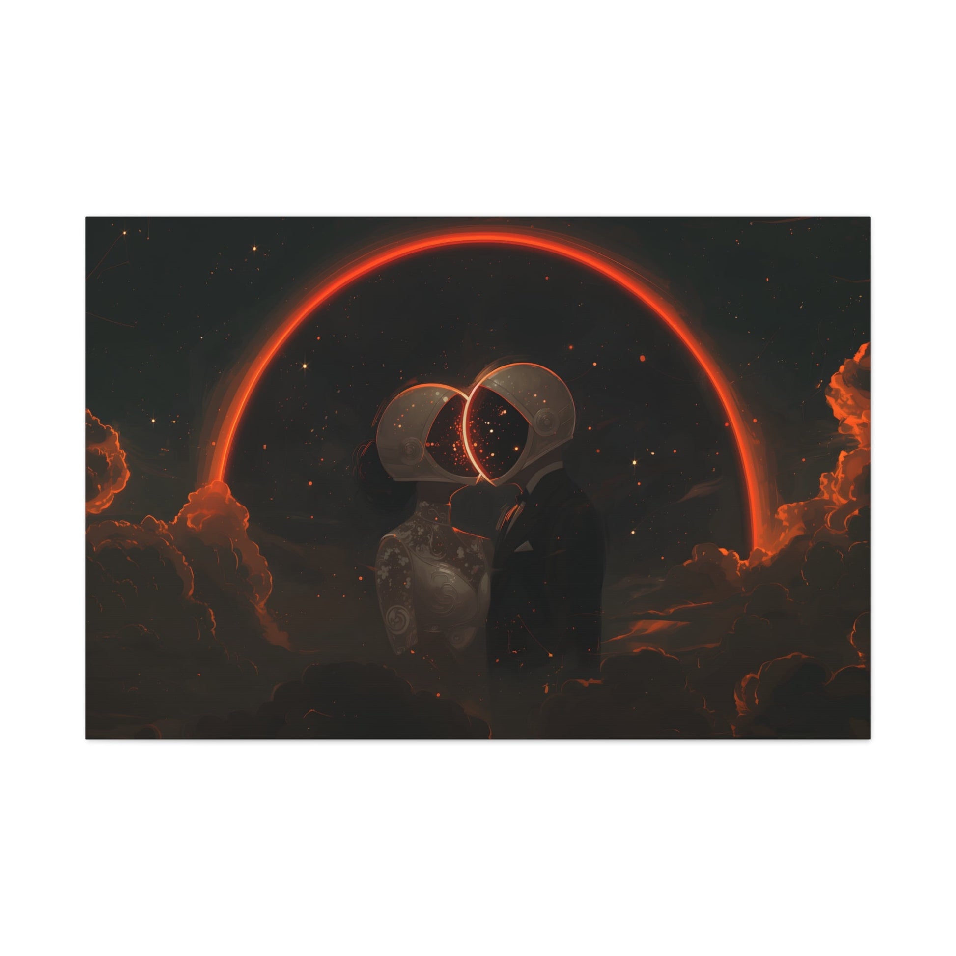 Horizontal-oriented wall art: Two astronauts, dressed in a tuxedo and a wedding dress, share a romantic kiss in space with their helmets forming a glowing heart shape. The dark, starry sky and the bright, orange-red halo create a whimsical and dreamy atmosphere.