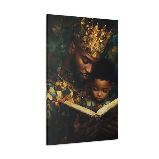 Vertical-oriented wall art: A kingly father reads to his princely son, both adorned with crowns symbolizing the value of education. The painting features a magical realism style with whimsical elements, emphasizing the importance of knowledge and the bond between generations.