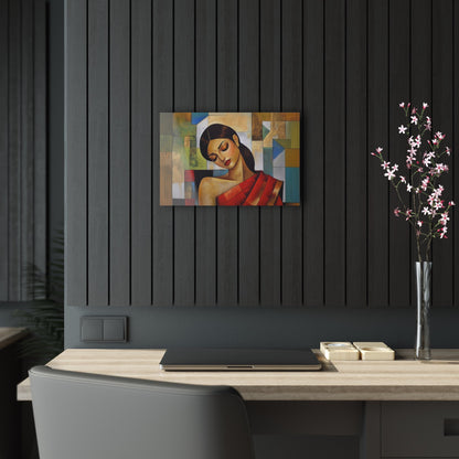 Horizontal-oriented wall art: "Fractured Grace." An Indian woman in traditional attire is depicted in a Cubist style, her contemplative expression framed by geometric shapes and bold colors of red, green, and gold. The textured background and soft dramatic lighting create an elegant and serene composition.