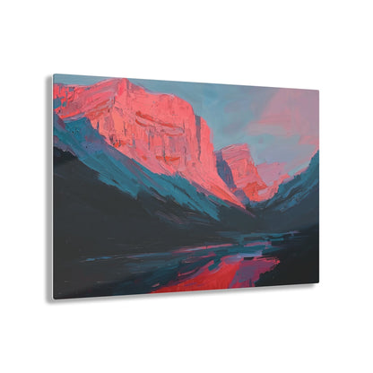 Horizontal-oriented wall art: "Timeless Peaks" Landscape artwork titled Timeless Peaks from the Bold Horizons collection, featuring vibrant crimson and pink mountains reflected in a tranquil lake. The piece highlights bold brushstrokes and a dynamic interplay of warm and cool colors, evoking majesty and serenity.