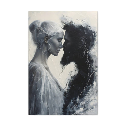 Vertical-oriented wall art: "Storm of Affection" from the Elysian Legends collection depicts Zeus and Hera in a surreal, tempestuous scene surrounded by swirling clouds and lightning, symbolizing their passionate and conflict-filled love. The dramatic lighting and ethereal elements enhance the divine and mythical atmosphere, drawing viewers into the epic narrative of these Greek gods.