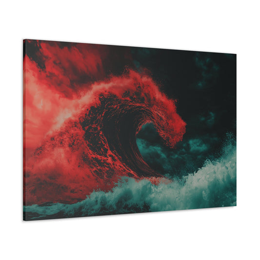 Horizontal-oriented wall art: "Eternal Surge" A powerful ocean wave frozen mid-crash, depicted in striking crimson and aquamarine tones against a stormy sky. This surreal artwork captures the raw energy and untamed beauty of the sea's relentless force.