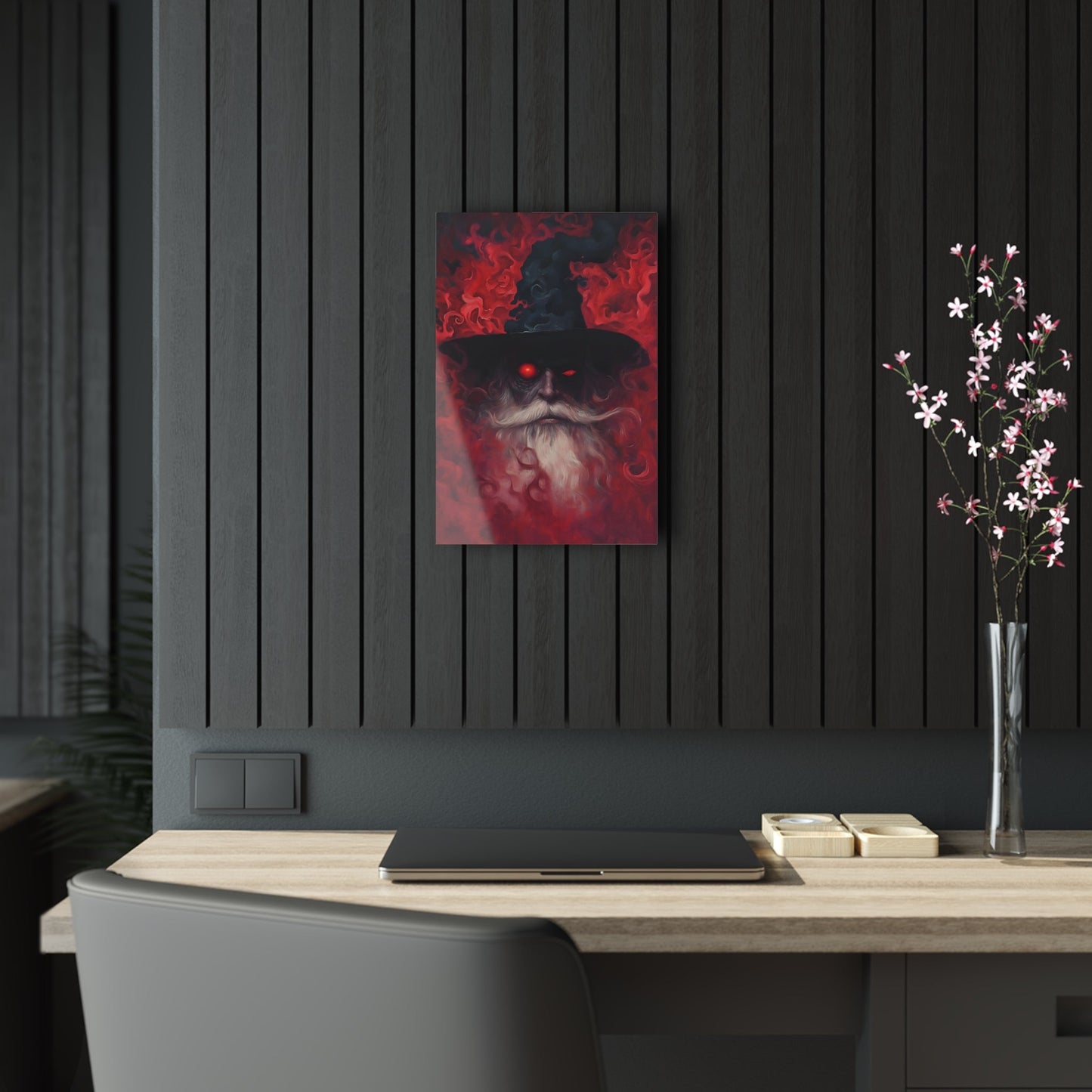 Vertical-oriented wall art: "The Wizard's Veil II" A mysterious wizard with glowing red eyes emerges from a swirling, crimson mist, his expression intense and otherworldly. The deep reds and intricate textures create an aura of magic and dark fantasy, drawing viewers into his enchanted realm.