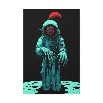 Vertical-oriented wall art: "Cosmic Remains IV" A decayed astronaut, with grotesque hands reaching forward, stands against a dark space background, illuminated by eerie teal and red tones. The haunting figure evokes a sense of cosmic horror and isolation, creating a striking contrast between the decaying form and the endless void.