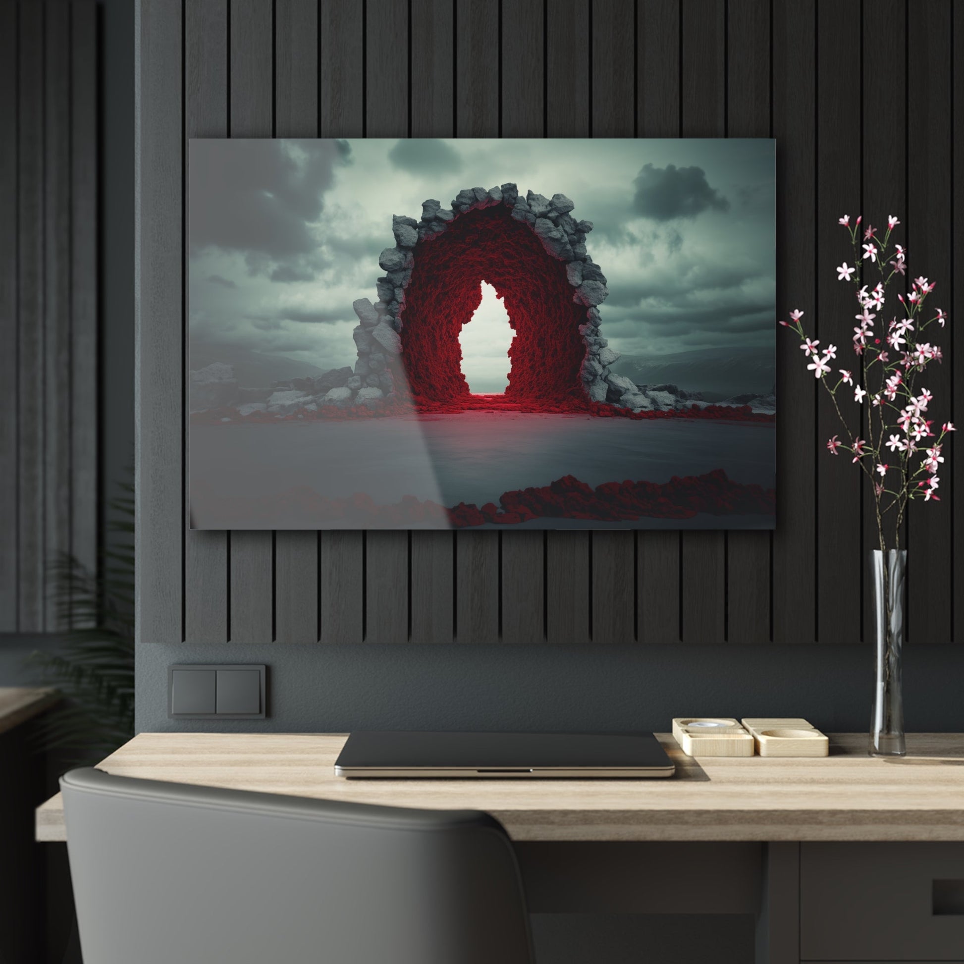 Horizontal-oriented wall art: "Portal of Possibilities" A glowing red portal framed by jagged stone stands in a barren landscape under a moody, overcast sky. The surreal scene evokes mystery and possibility, as if the gateway leads to another dimension.