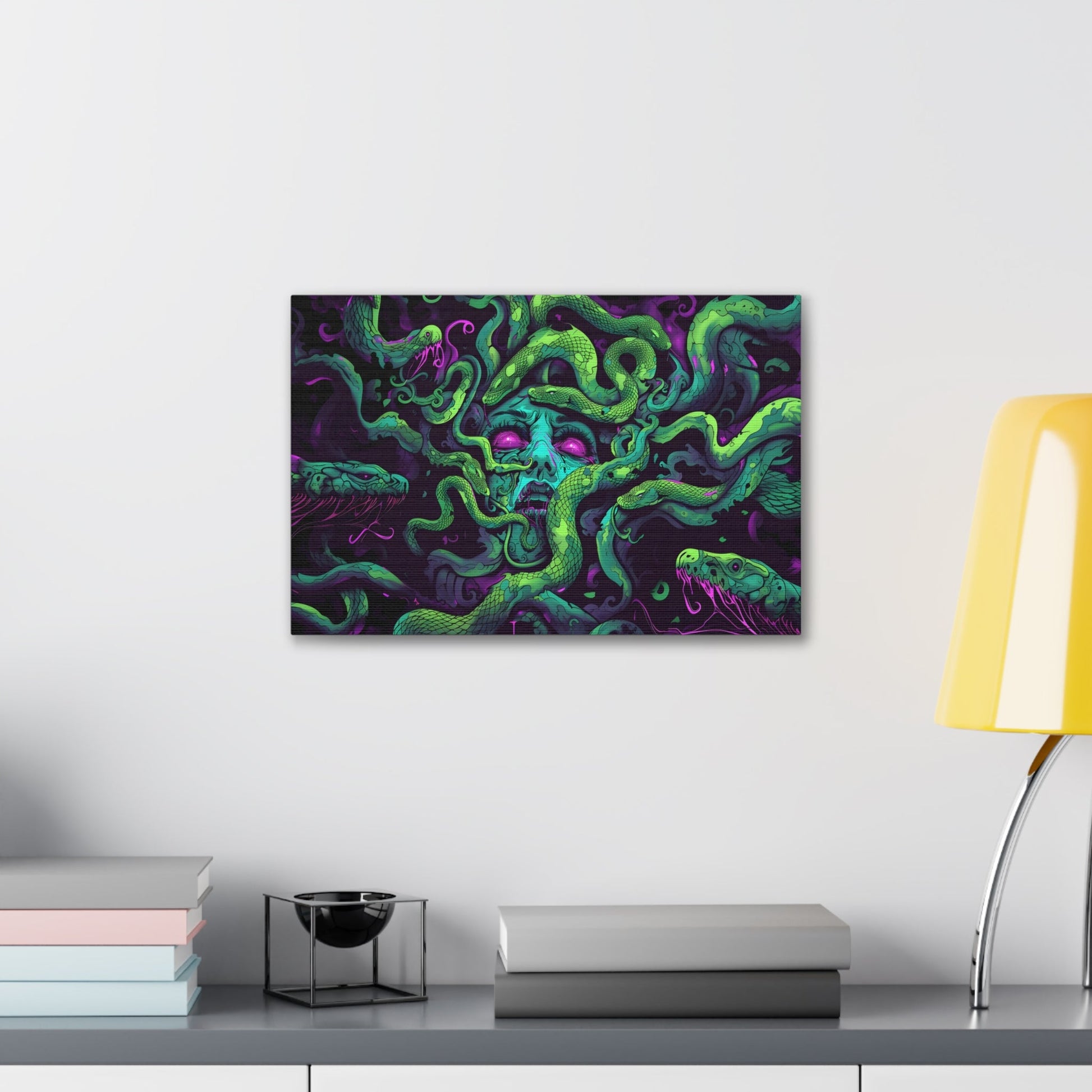 Horizontal-oriented artwork: An eerie digital illustration depicting the mythical figure Medusa, with vivid green and purple hues. Medusa's captivating gaze is surrounded by swirling, eldritch energies, evoking an aura of mystery and allure.