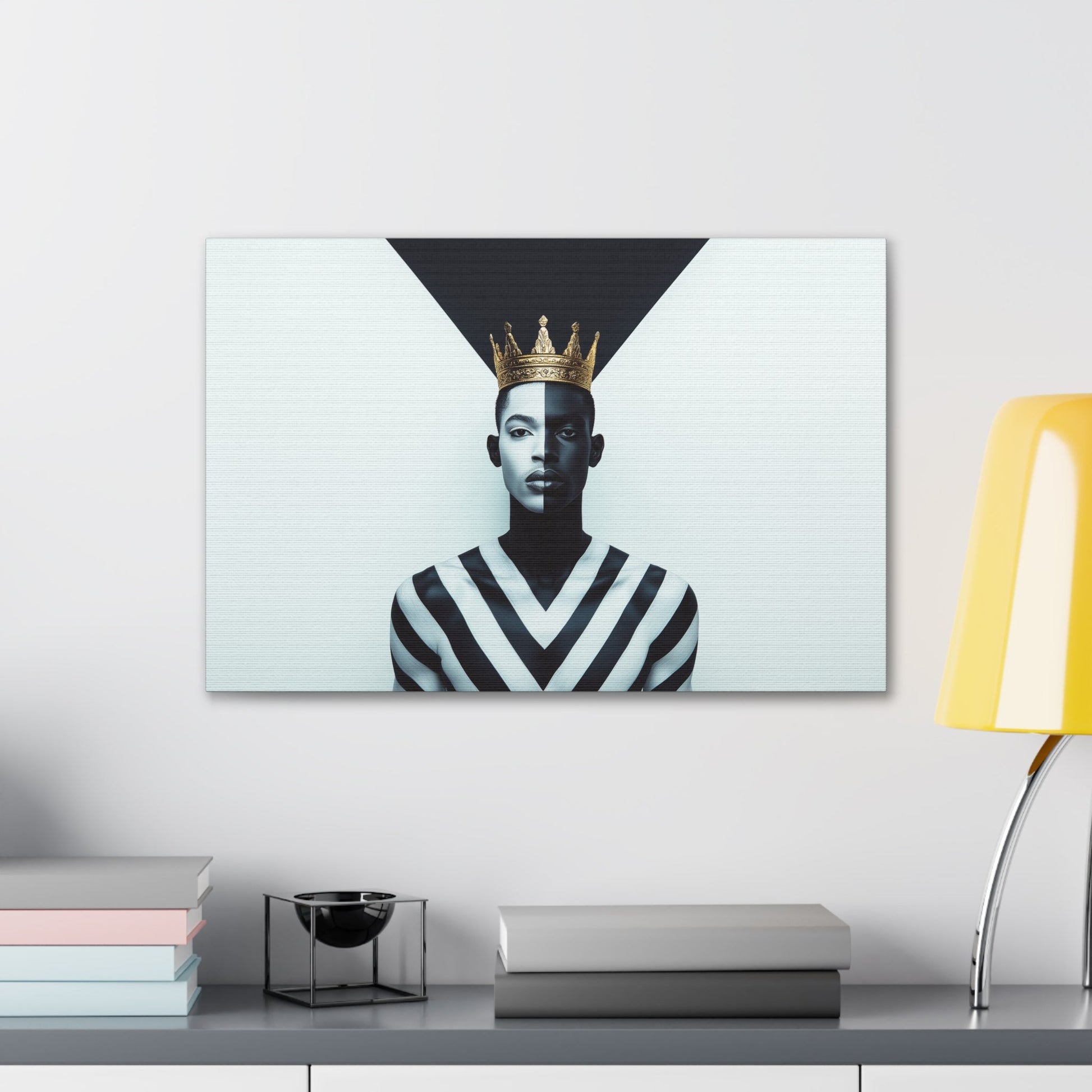 Horizontal-oriented wall art: "Crown of Dignity" A powerful portrait of a man wearing a golden crown, his face divided into bold black-and-white halves symbolizing balance and duality. The geometric background enhances the striking composition, blending regal elegance with modern precision.