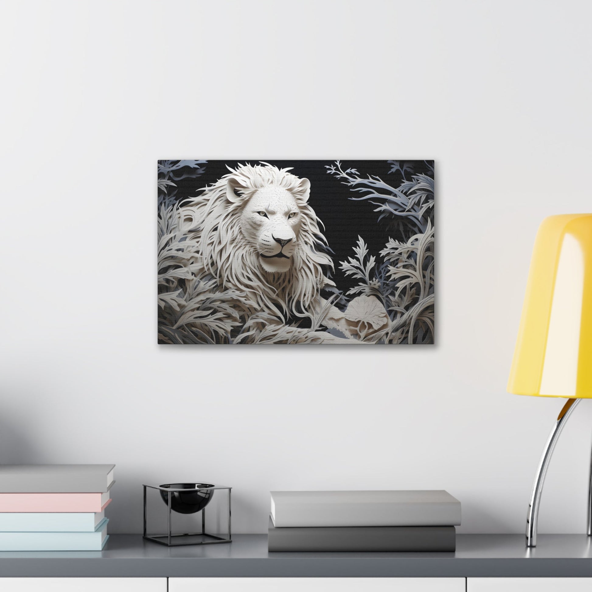 Horizontal-oriented wall art: Celebrate the majestic beauty of the lion with 'Cut to the King,' a stunning piece from our Wildlife Whims collection. This paper cutout inspired artwork captures the regal essence of the king of the jungle, with exquisite details and vibrant colors, adding a touch of the wild to your space.