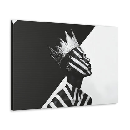 Horizontal-oriented wall art: "Crown of Dignity V" A black-and-white abstract portrait of a Black man wearing a metallic crown, his face and body adorned with bold, geometric stripes. The striking contrast and minimalist design emphasize his regal presence and dignified expression against a stark background.