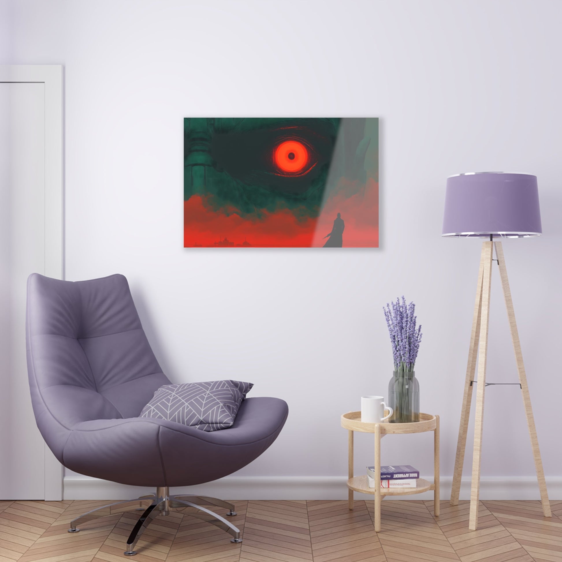 Horizontal-Oriented wall art: A lone hero stands before a massive, glowing red eye that dominates the dark, ominous landscape, symbolizing the looming threat of the final boss. The intense contrast of deep greens and fiery reds heightens the tension, capturing the moment before an epic battle.