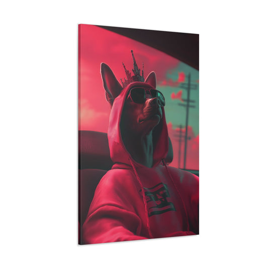 Vertical-oriented wall art: "Crowned Companion II" A confident dog wearing a crown, sunglasses, and a hoodie sits in a car, illuminated by neon pink and teal lighting. This playful artwork combines elements of royalty and street style for a modern, surreal feel.