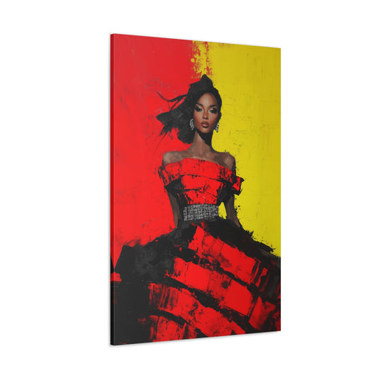 Vertical-oriented wall art: "Crimson Muse." A poised woman stands confidently in a textured crimson dress, framed by a vivid yellow and black background. The bold palette knife painting technique and high-contrast lighting emphasize empowerment, elegance, and dynamic expression.