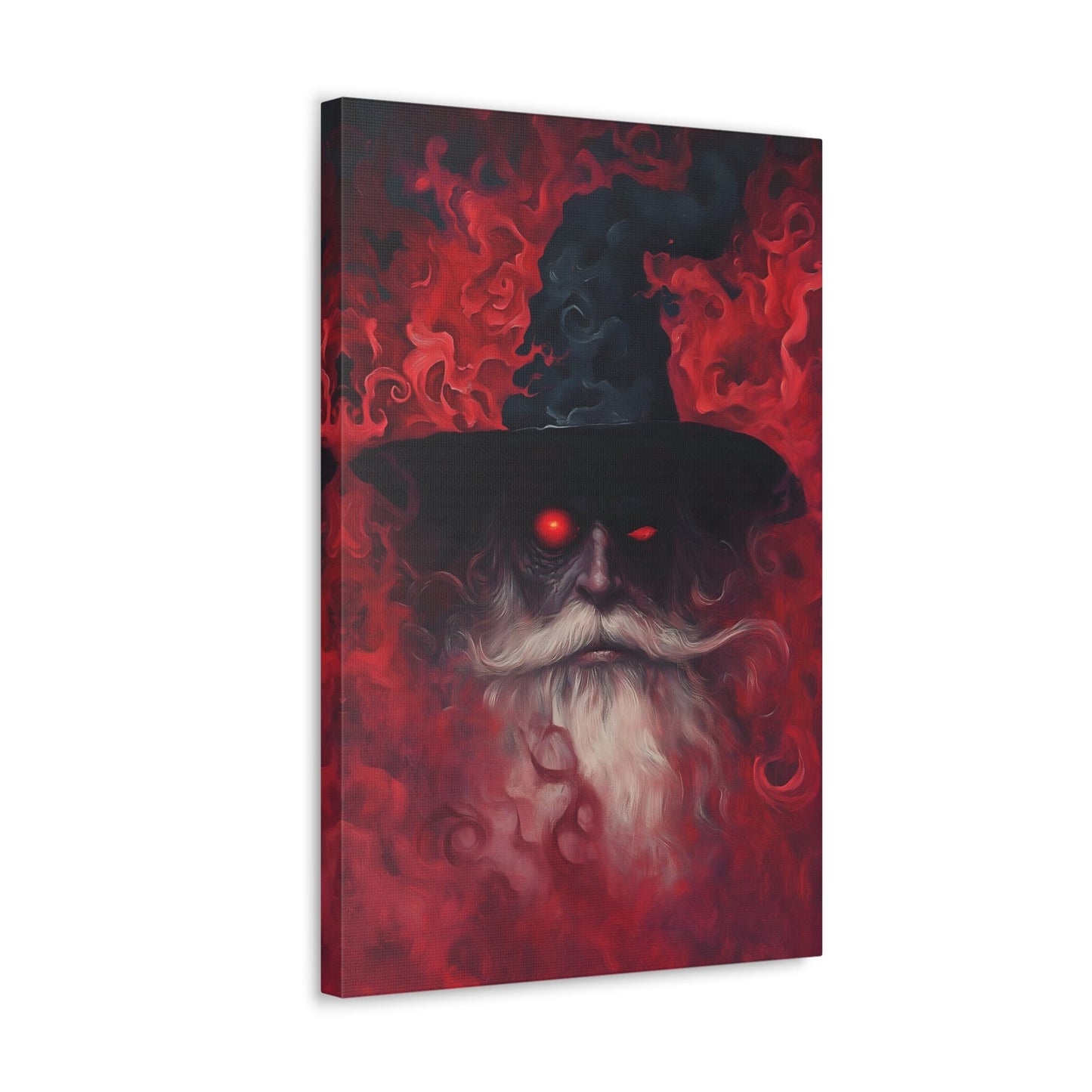 Vertical-oriented wall art: "The Wizard's Veil II" A mysterious wizard with glowing red eyes emerges from a swirling, crimson mist, his expression intense and otherworldly. The deep reds and intricate textures create an aura of magic and dark fantasy, drawing viewers into his enchanted realm.