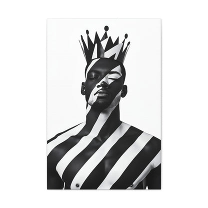 Vertical-oriented wall art: "Crown of Dignity II" A regal portrait of a man wearing a bold, geometric crown, with black and white stripes painted across his face and body. The minimalist composition emphasizes strength, elegance, and cultural pride in a modern, abstract style.