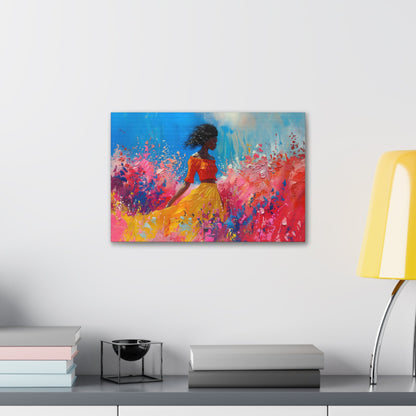 Horizontal-oriented artwork: An abstract palette knife oil painting featuring a woman walking through a colorful landscape of swirling paint splashes and vibrant hues.