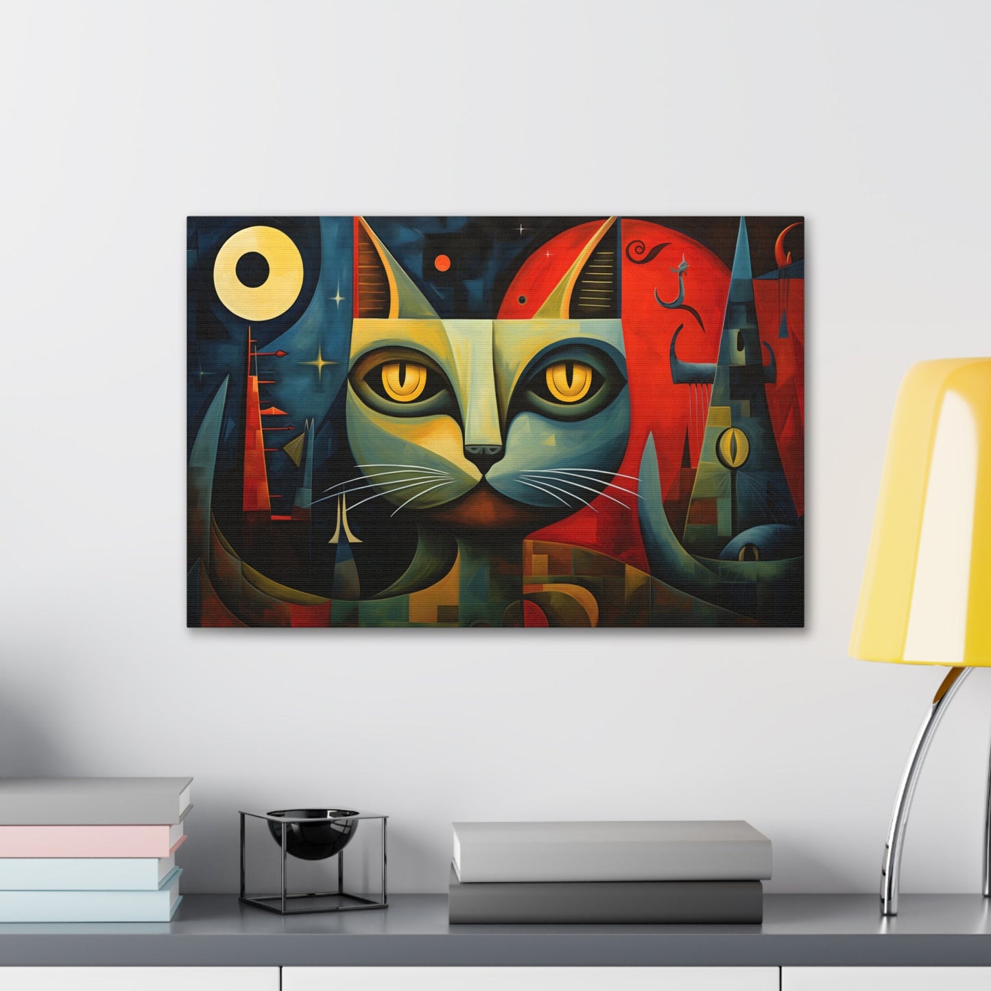 Horizontal-oriented wall art: A Cubist-inspired cat stares directly at the viewer, its eyes glowing with intensity against a backdrop of geometric shapes in deep blues, reds, and yellows. The abstract and surreal composition captures the feline's enigmatic nature, blending elements of modern art movements to create a vivid, otherworldly scene.