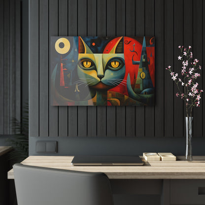 Horizontal-oriented wall art: A Cubist-inspired cat stares directly at the viewer, its eyes glowing with intensity against a backdrop of geometric shapes in deep blues, reds, and yellows. The abstract and surreal composition captures the feline's enigmatic nature, blending elements of modern art movements to create a vivid, otherworldly scene.