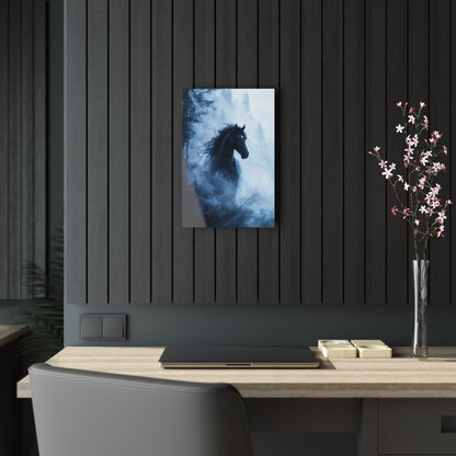 Vertical-oriented wall art: "Shadowed Stallion IV" A powerful black stallion charges through a misty forest, its mane flowing wildly as snow swirls around it. The contrast between the horse's dark figure and the soft, ethereal fog creates a striking, otherworldly scene.