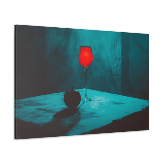 Horizontal-oriented wall art: "Eden’s Reflection" A glowing crimson wine glass and a shadowed black apple rest on a textured table, surrounded by a misty teal atmosphere. This gothic still-life composition captures an air of mystery and temptation with its striking interplay of light and shadow.