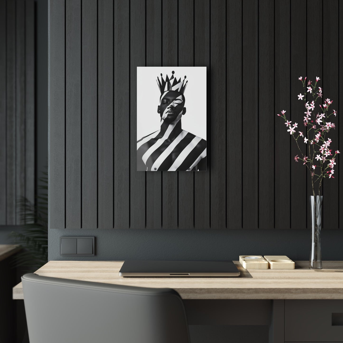 Vertical-oriented wall art: "Crown of Dignity II" A regal portrait of a man wearing a bold, geometric crown, with black and white stripes painted across his face and body. The minimalist composition emphasizes strength, elegance, and cultural pride in a modern, abstract style.