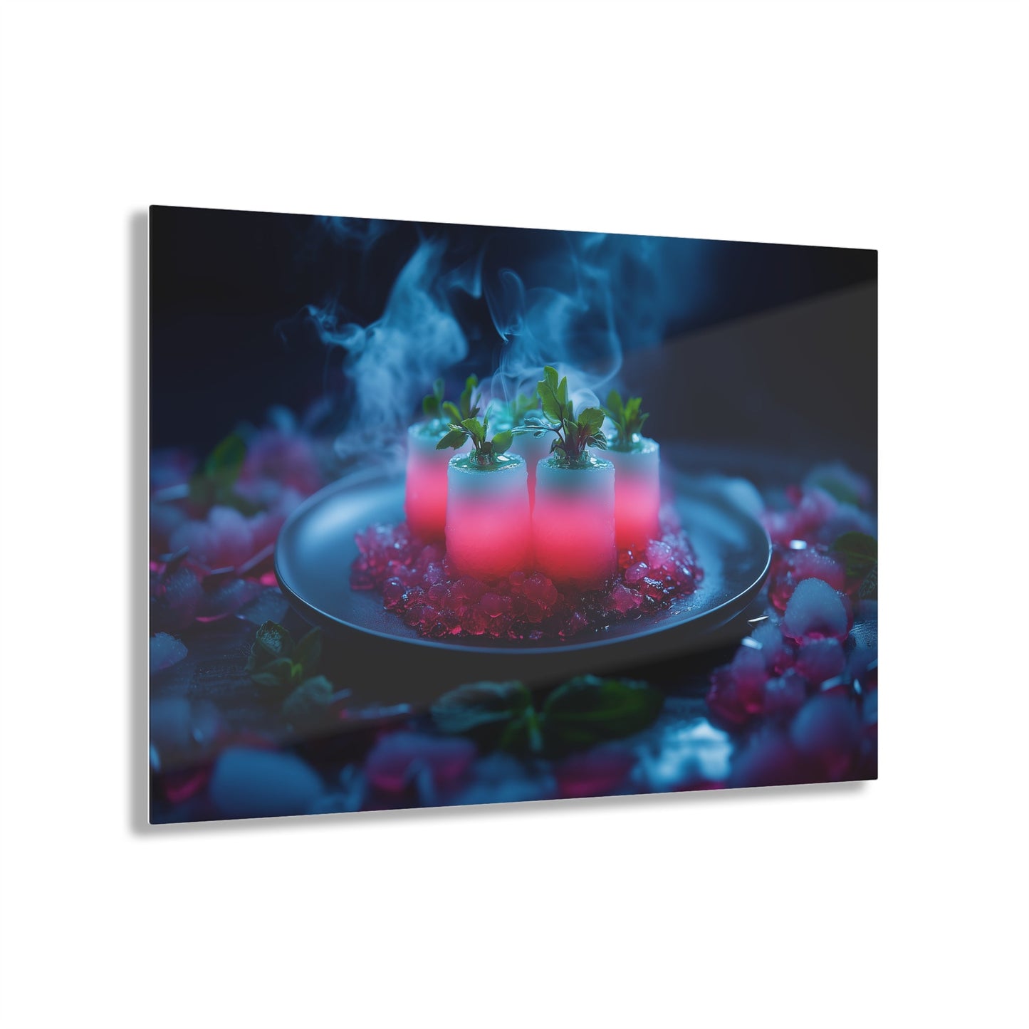 Horizontal-oriented wall art: "Xeno Cuisine." A glowing arrangement of alien meat and bioluminescent vegetables sits on an obsidian plate, surrounded by vapor and crystalline accents. The vibrant pink and cool blue tones contrast against the dark background, creating an otherworldly and surreal atmosphere.