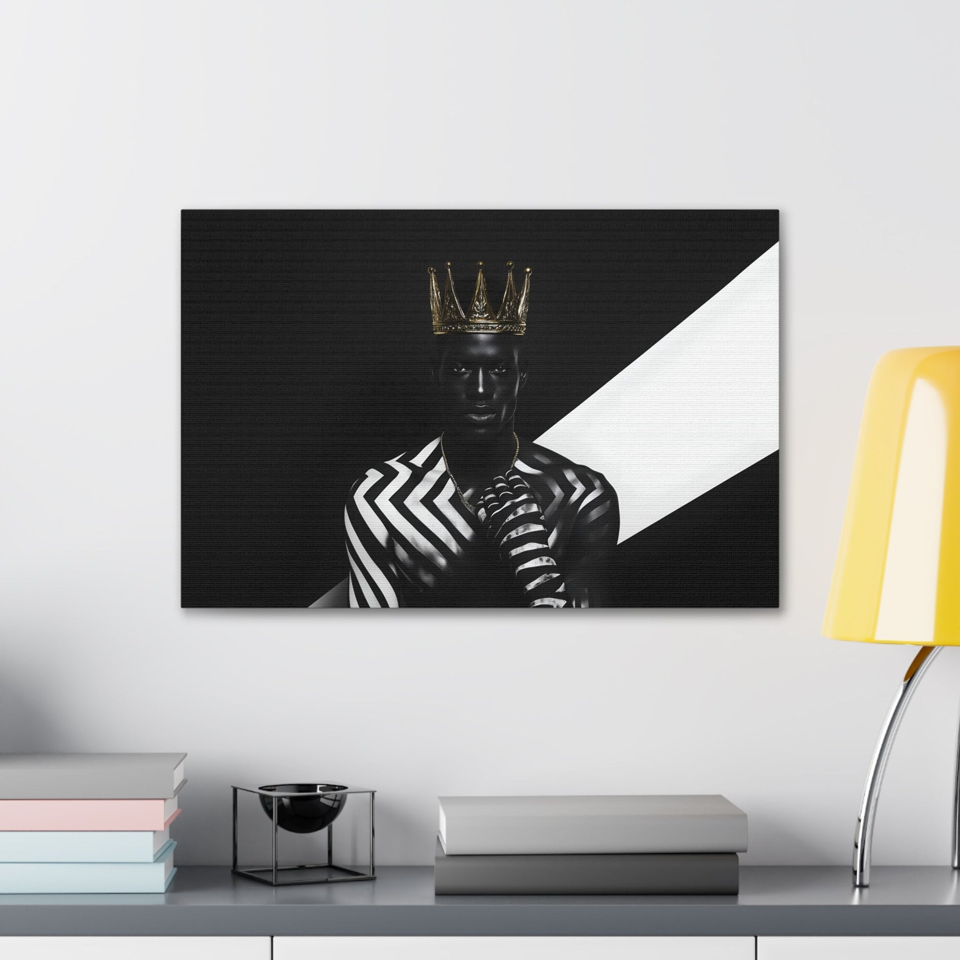 Horizontal-oriented wall art: "Crown of Dignity III" A striking portrait of a regal figure wearing a metallic gold crown, adorned in bold black and white geometric patterns. The artwork captures a modern, dignified presence, blending contemporary abstraction with royal elegance against a high-contrast background.