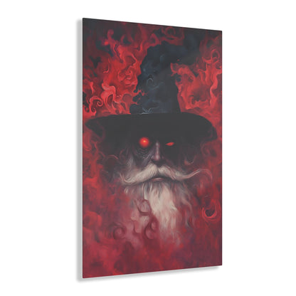 Vertical-oriented wall art: "The Wizard's Veil II" A mysterious wizard with glowing red eyes emerges from a swirling, crimson mist, his expression intense and otherworldly. The deep reds and intricate textures create an aura of magic and dark fantasy, drawing viewers into his enchanted realm.