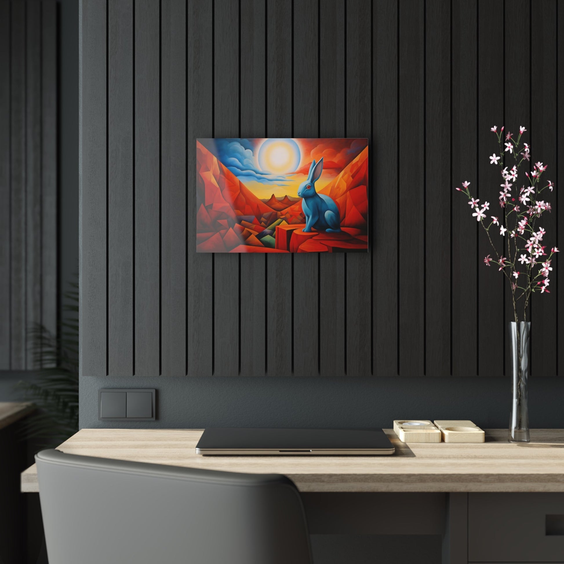 Horizontal-oriented wall art: "Vortic Hare III" features a vibrant blue rabbit sitting calmly on angular red rocks in a surreal, geometric landscape with a glowing sun in the background. The bold contrast of vivid blue, red, and orange tones evokes a dynamic fusion of Vorticism, Cubism, and Surrealism.