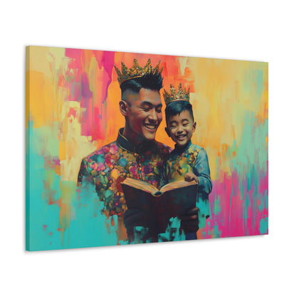 Horizontal-Oriented wall art: "Crowning Knowledge V" depicts a joyful father and son wearing golden crowns, smiling as they share a moment of reading together against a vibrant, abstract background of pinks, oranges, and blues. The artwork blends detailed portraiture with a playful, colorful backdrop, capturing the warmth and happiness of family bonds.