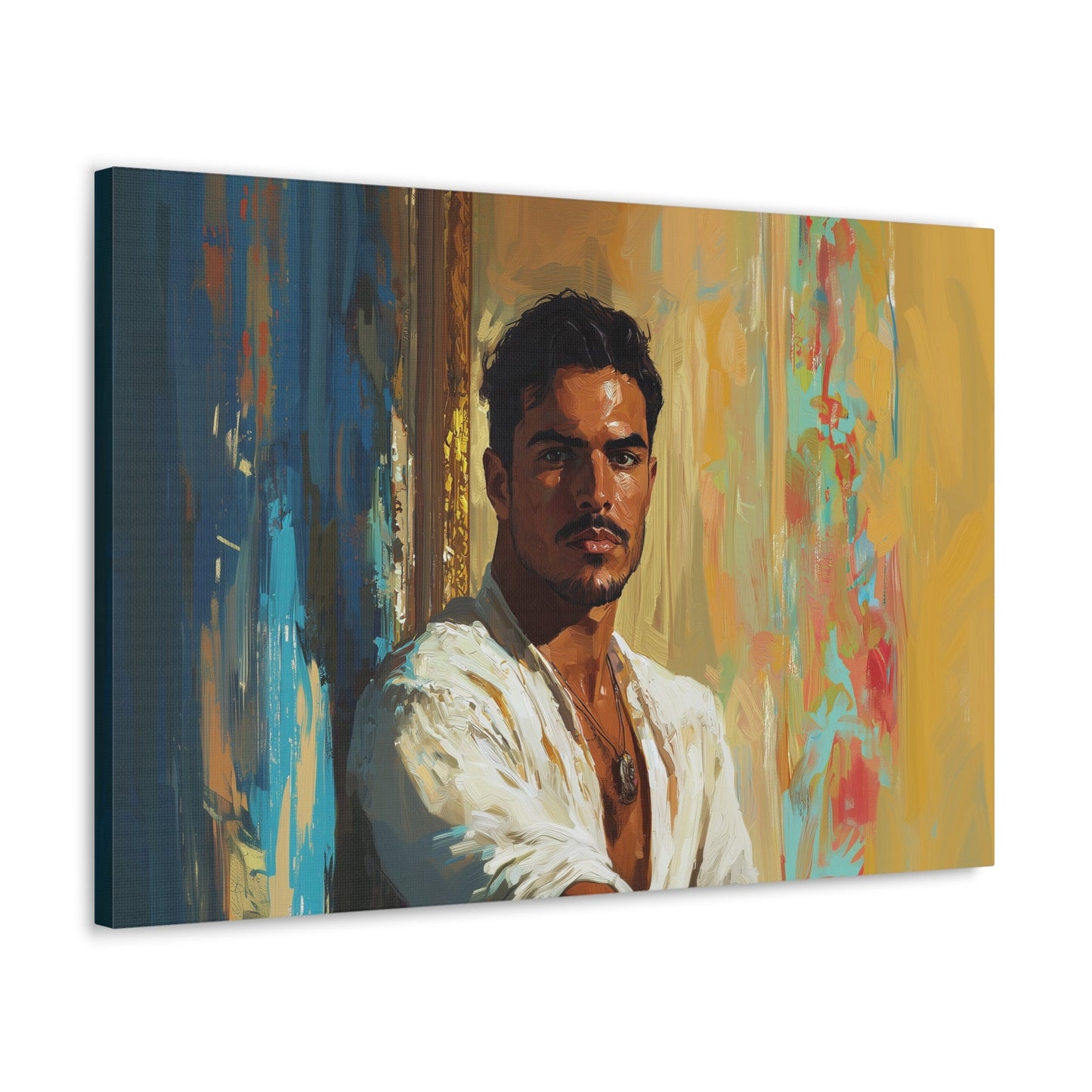 Horizontal-oriented wall art: "Stillness in Strength." A contemplative Latino man gazes forward with quiet confidence, surrounded by warm golden hues and cool blue accents. The oil painting style and radiant lighting create a refined and introspective composition.