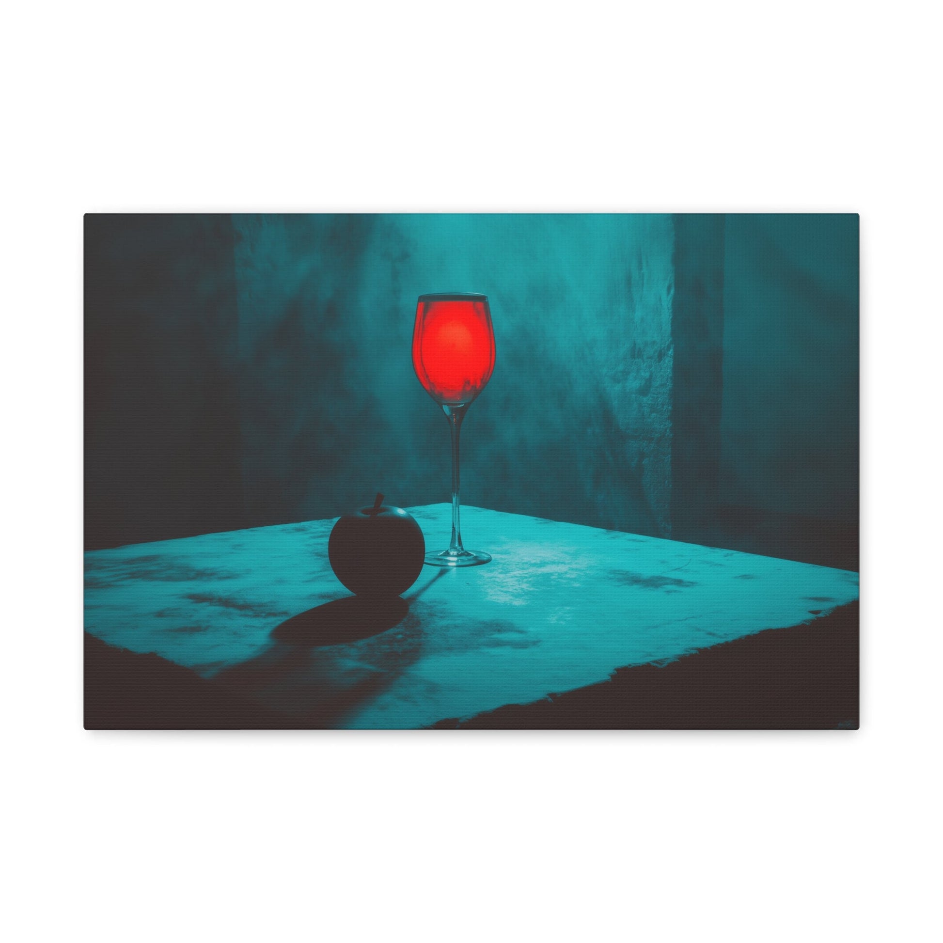 Horizontal-oriented wall art: "Eden’s Reflection" A glowing crimson wine glass and a shadowed black apple rest on a textured table, surrounded by a misty teal atmosphere. This gothic still-life composition captures an air of mystery and temptation with its striking interplay of light and shadow.