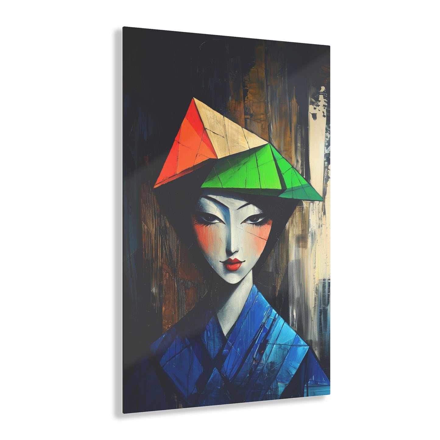 Vertical-oriented wall art: "Fractured Elegance." An Asian woman in traditional attire is depicted in a Cubist style, her serene expression framed by angular geometric shapes in blue, green, and orange. Dramatic lighting highlights the vibrant palette and intricate textures, creating a sophisticated and ethereal composition.