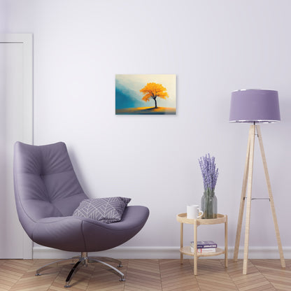 Horizontal-oriented wall art: Artwork titled Autumn’s Glow from the Ethereal Horizons collection, featuring a vibrant golden tree standing alone in a serene, misty landscape. The composition combines warm amber tones with soft teal hues, evoking tranquility and the timeless beauty of autumn.