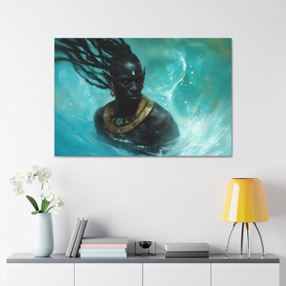 Horizontal-oriented wall art: "Obsidian Elegance II" A striking portrait of a Black elf adorned with intricate golden jewelry, surrounded by swirling, vibrant turquoise water. The composition highlights the figure's regal presence and otherworldly grace in a captivating fantasy setting.