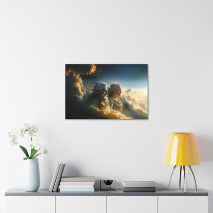 Horizontal-oriented wall art: "Storm of Affection" from the Elysian Legends collection depicts Zeus and Hera in a surreal, tempestuous scene surrounded by swirling clouds and lightning, symbolizing their passionate and conflict-filled love. The dramatic lighting and ethereal elements enhance the divine and mythical atmosphere, drawing viewers into the epic narrative of these Greek gods.