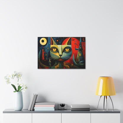 Horizontal-oriented wall art: A Cubist-inspired cat stares directly at the viewer, its eyes glowing with intensity against a backdrop of geometric shapes in deep blues, reds, and yellows. The abstract and surreal composition captures the feline's enigmatic nature, blending elements of modern art movements to create a vivid, otherworldly scene.