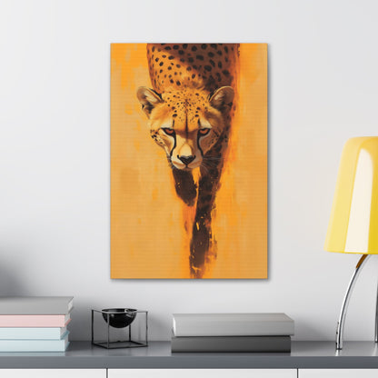 Vertical-oriented wall art: A striking portrait of a cheetah, set against a vibrant orange background, captures the animal’s focused gaze and sleek body as it moves forward. The minimalistic backdrop with dynamic brushstrokes accentuates the cheetah’s speed and agility, while its realistic details stand out in contrast to the abstract surroundings.