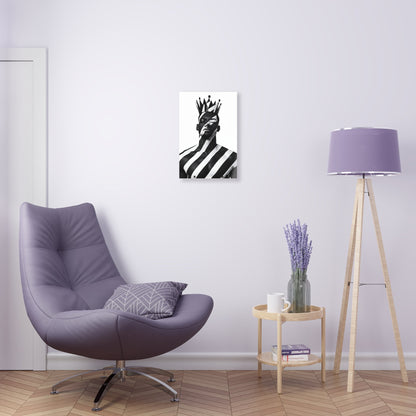 Vertical-oriented wall art: "Crown of Dignity II" A regal portrait of a man wearing a bold, geometric crown, with black and white stripes painted across his face and body. The minimalist composition emphasizes strength, elegance, and cultural pride in a modern, abstract style.