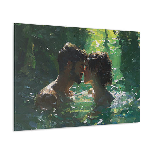 Horizontal-oriented wall art: Artwork titled River of Affection from the Bold Horizons collection, depicting a romantic couple embracing in a serene, sunlit river surrounded by lush greenery. The scene features soft, dappled light and vibrant brushstrokes, evoking intimacy and natural tranquility.