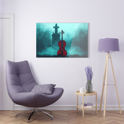 Horizontal-oriented wall art: "The Mourning Violin." A vivid red violin stands alone in a misty graveyard, framed by a dark, Gothic cross in the background. Diffused teal lighting and soft shadows create a haunting and melancholic atmosphere.