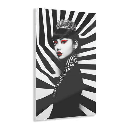 Vertical-oriented wall art: "Empress of Symmetry II" A striking portrait of an elegant Asian queen wearing a jeweled crown, set against a dynamic black-and-white geometric background with vivid red accents. This bold artwork combines regal sophistication with modern design, showcasing a captivating fusion of power and beauty.