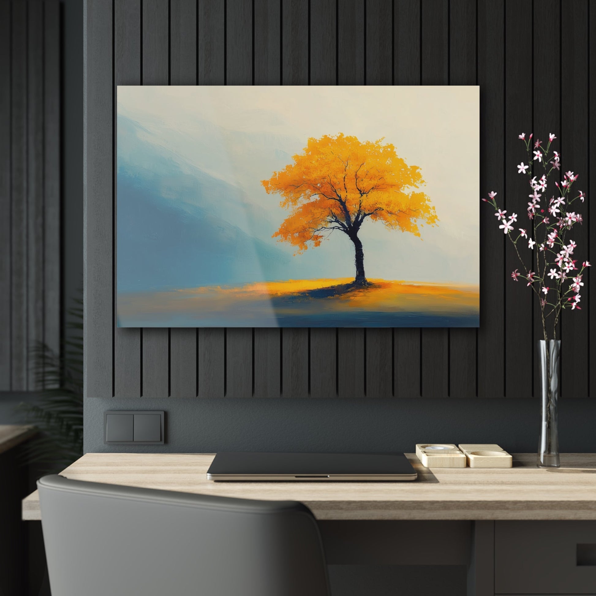 Horizontal-oriented wall art: Artwork titled Autumn’s Glow from the Ethereal Horizons collection, featuring a vibrant golden tree standing alone in a serene, misty landscape. The composition combines warm amber tones with soft teal hues, evoking tranquility and the timeless beauty of autumn.